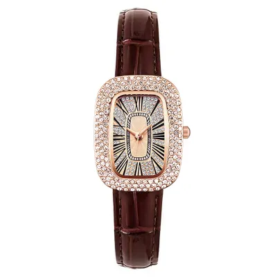 Women's Fashion Casual Solid Color Barrel Rhinestone Watch with Imitation Leather Band
