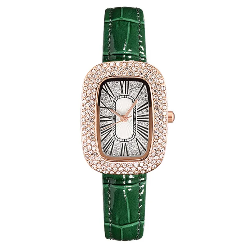 Women's Fashion Casual Solid Color Barrel Rhinestone Watch with Imitation Leather Band