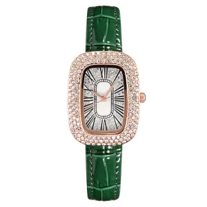 Women's Fashion Casual Solid Color Barrel Rhinestone Watch with Imitation Leather Band