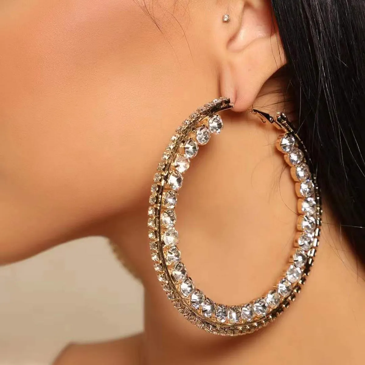 Women Fashion Creative Exaggerated Round Alloy Rhinestone Earrings