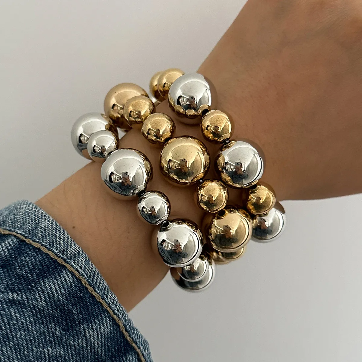 Women Fashion Exaggerated Punk Beaded Bracelet Three-Piece Set