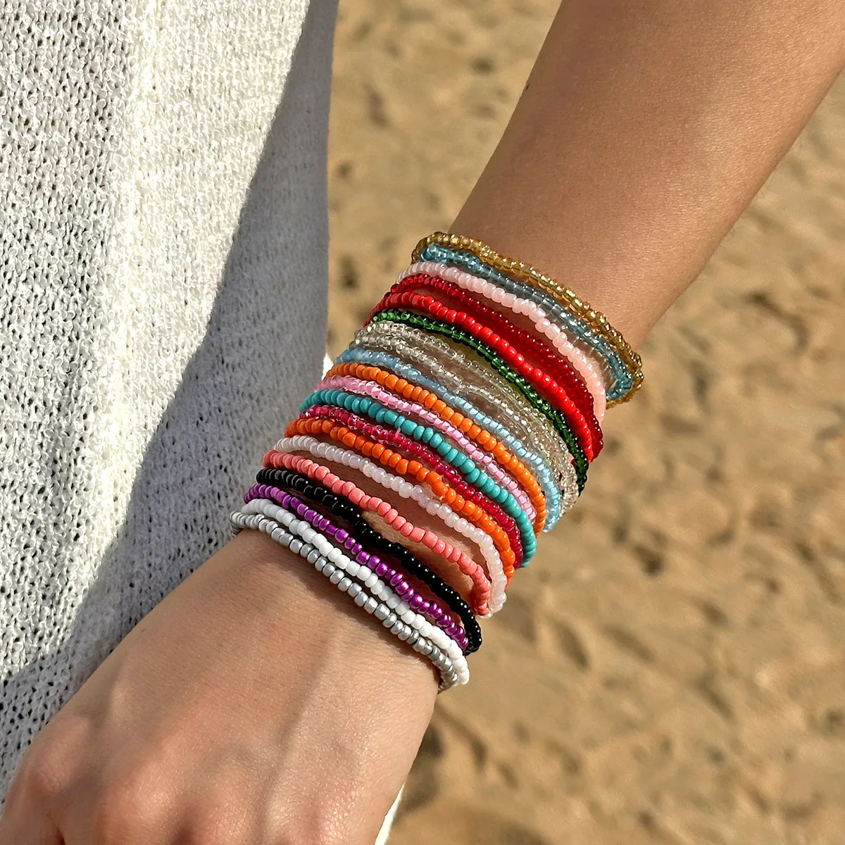 Women's Boho Beach Contrast Bead Multi-Layer Stacked Bracelet