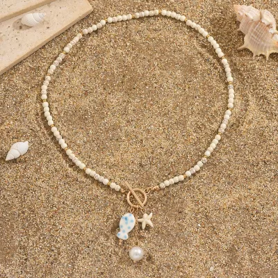 Women Fashion Boho Ceramic Small Fish Starfish Turquoise Tassel Necklace