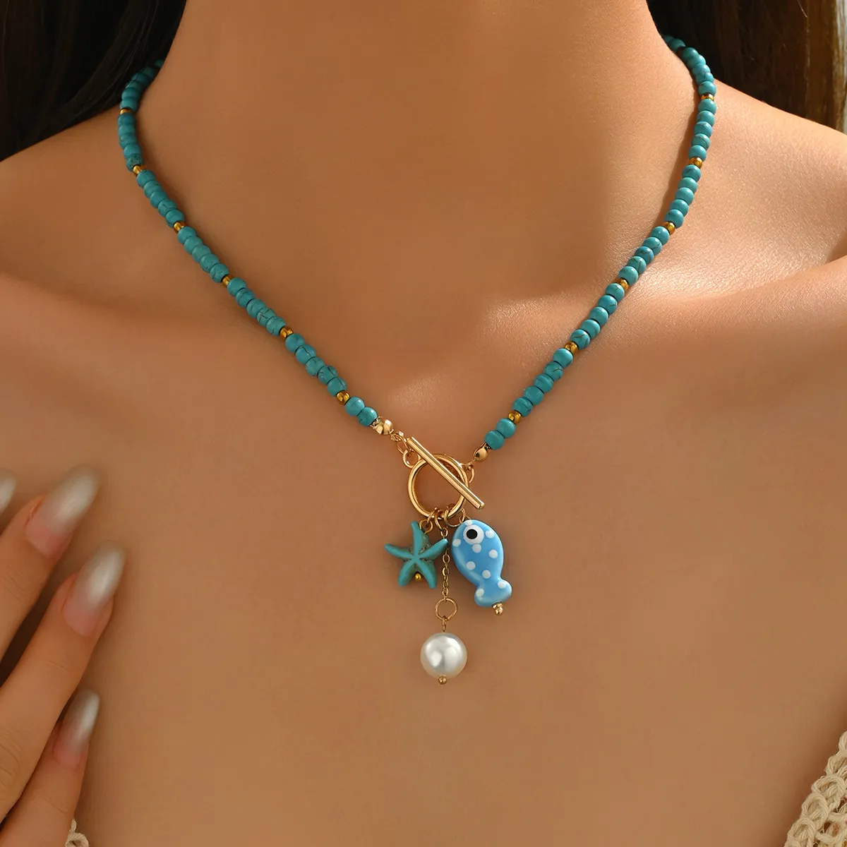 Women Fashion Boho Ceramic Small Fish Starfish Turquoise Tassel Necklace