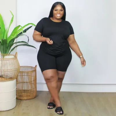 Women Fashion Casual Solid Color Plus Size Short-Sleeve T-Shirt Tight Shorts Two-Piece Set