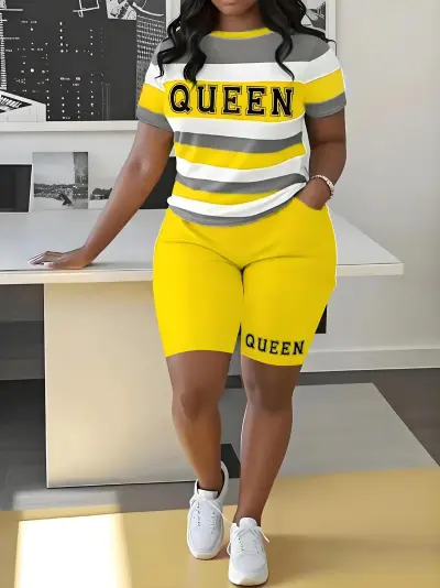 Women Fashion Athleisure Plus Size Printed Short-Sleeve T-Shirt Tight Shorts Two-Piece Set