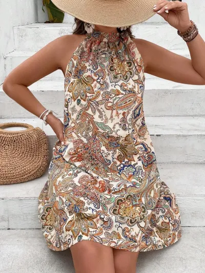 Women Plus Size Printed Sleeveless Loose Vacation Dress