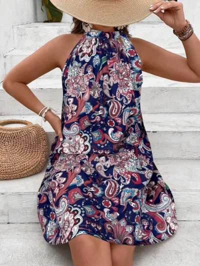 Women Plus Size Printed Sleeveless Loose Vacation Dress