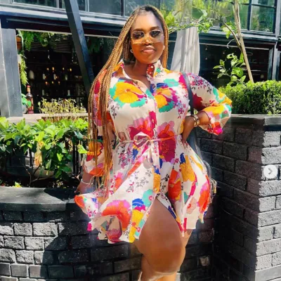 Women Fashion Elegant Plus Size Floral Printed Long Sleeve Loose Dress