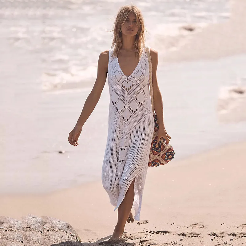 Women's Casual Solid Color Knitted Sleeveless Swimsuit Cover-Up
