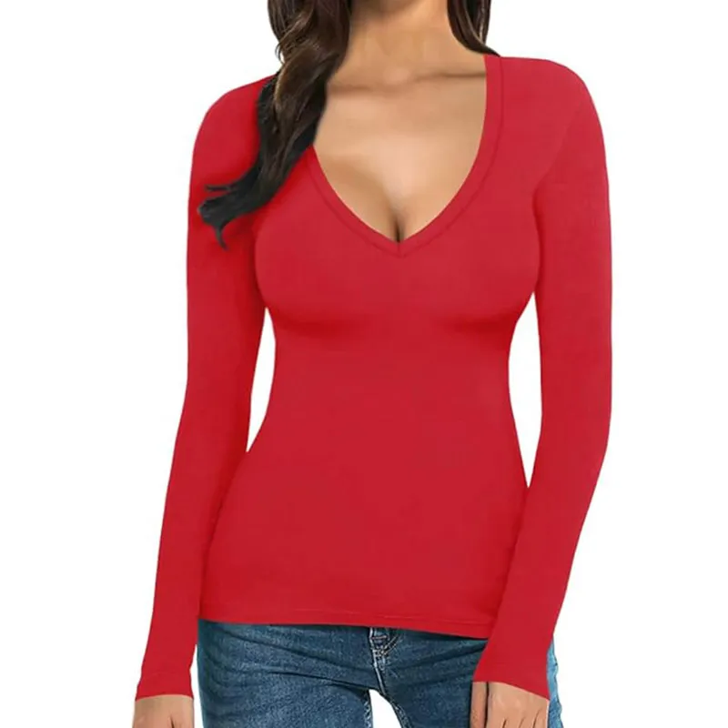 Women Casual Commuter Wind V-Neck Long-Sleeve T-Shirt Solid Color
