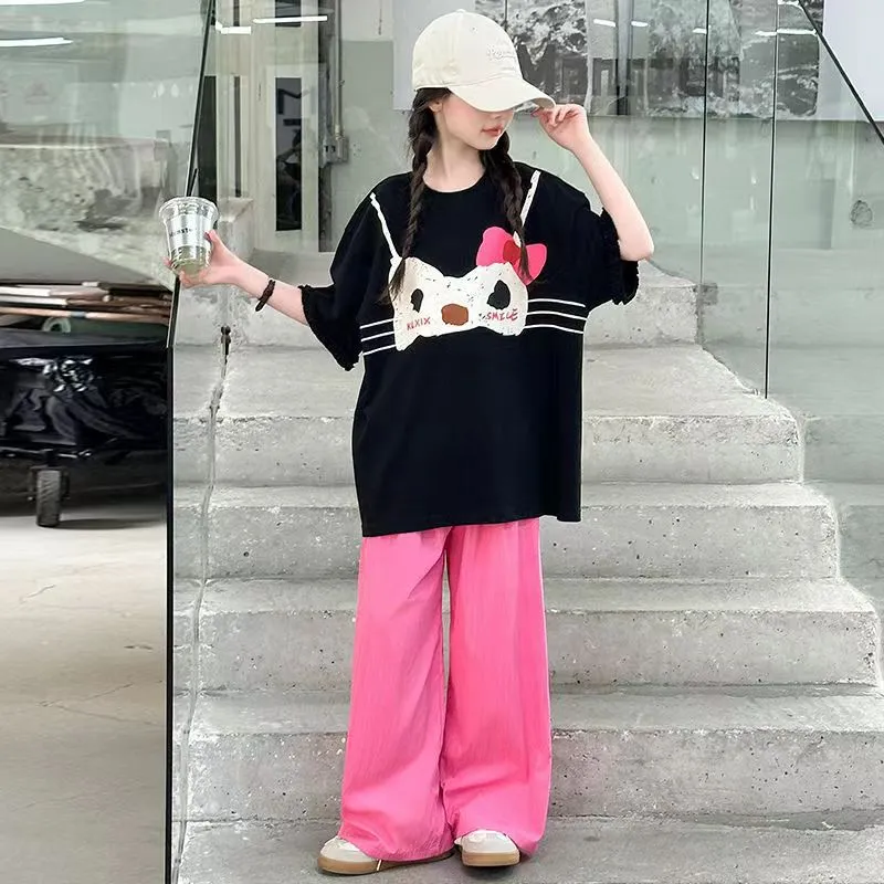 Girls Casual Cartoon Printed Short-Sleeve T-Shirt and Wide-Leg Pants Two-Piece Set