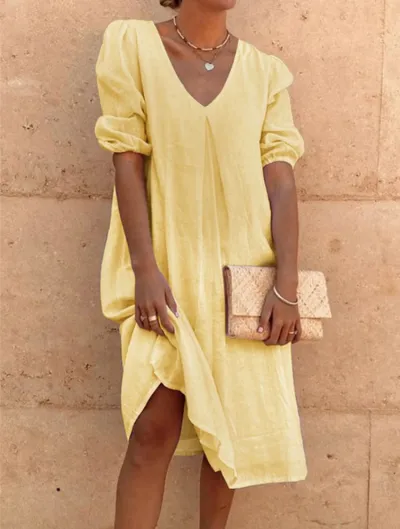 Women Casual Cotton Linen V-Neck Long Sleeve Irregular Dress