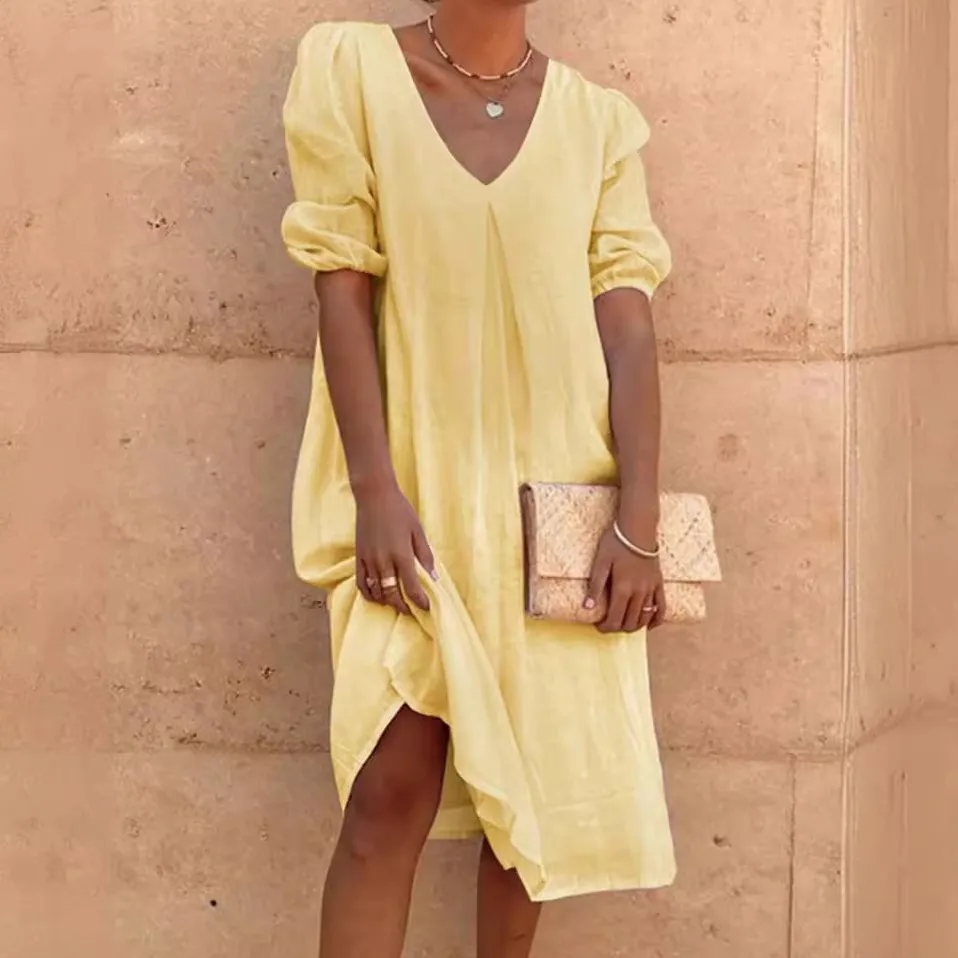 Women Casual Cotton Linen V-Neck Long Sleeve Irregular Dress