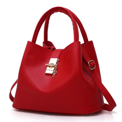 Fashion Solid Color PU Cylindrical Bucket Handbag with Three Shoulder Straps