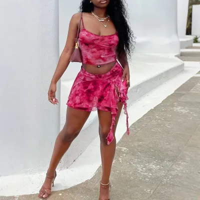 Women Fashion Sexy Tie-Dye Irregular Mesh Camisole Split Skirt Two-Piece Set