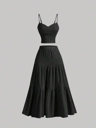 Women Casual Solid Color Camisole Top Loose Skirt Set