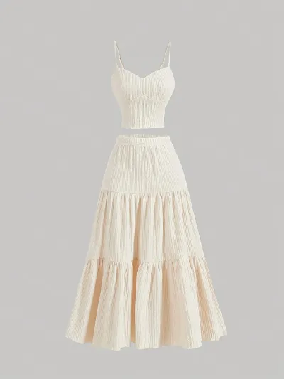 Women Casual Solid Color Camisole Top Loose Skirt Set