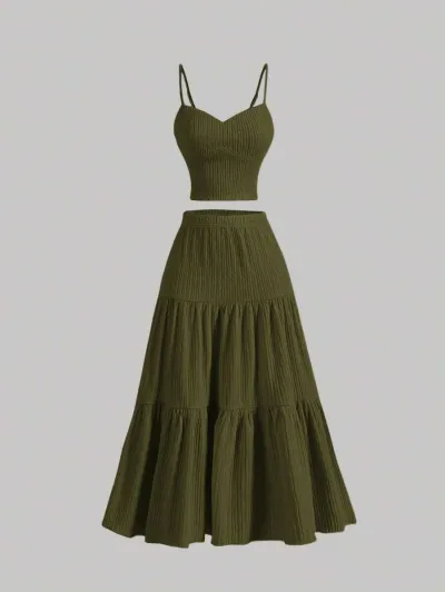 Women Casual Solid Color Camisole Top Loose Skirt Set