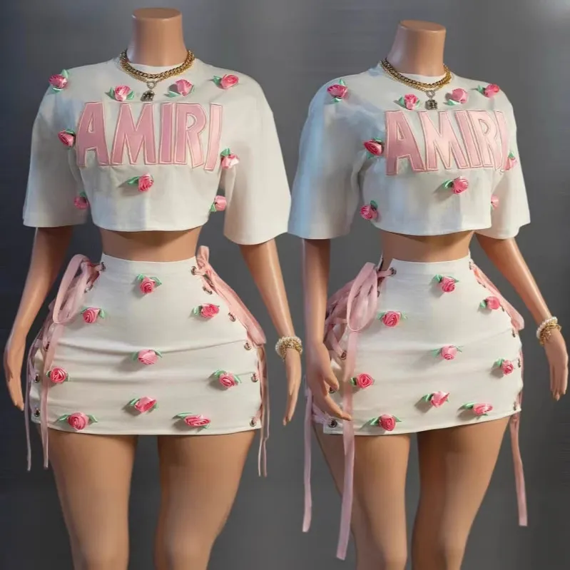 Women Sexy Rose Lace-Up Short-Sleeve T-Shirt Slim Fit Miniskirt Two-Piece Set
