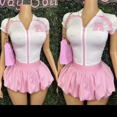 Women Casual Lapel Short-Sleeve Zipper T-Shirt Tutu Skirt Two-Piece Set