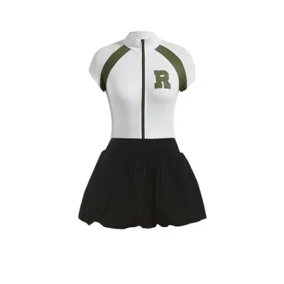 Women Casual Lapel Short-Sleeve Zipper T-Shirt Tutu Skirt Two-Piece Set