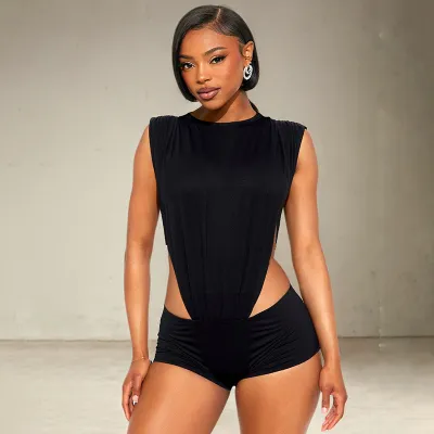 Women Fashion Sexy Solid Color Sleeveless Bodysuits Tight Shorts Two-Piece Set