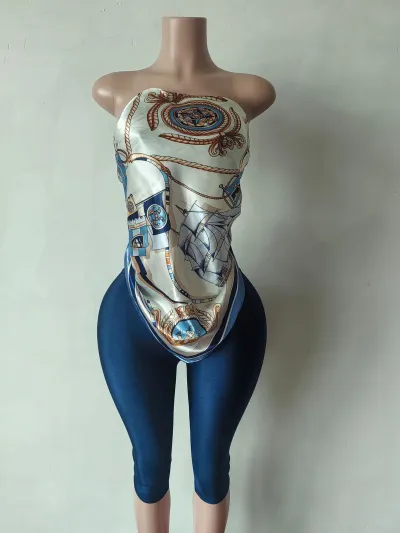 Women Sexy Printed Tube Top Solid Color Tight Pants Two-Piece Set