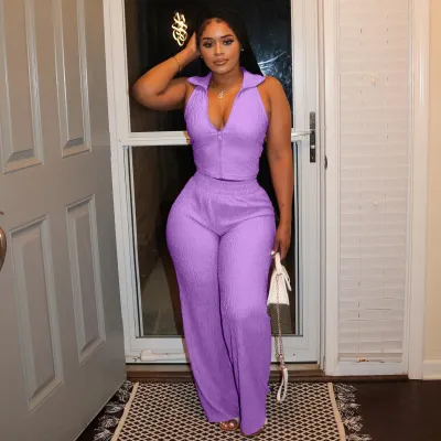 Women Casual Solid Color Lapel Sleeveless Top Pleated Pants Two-Piece Set