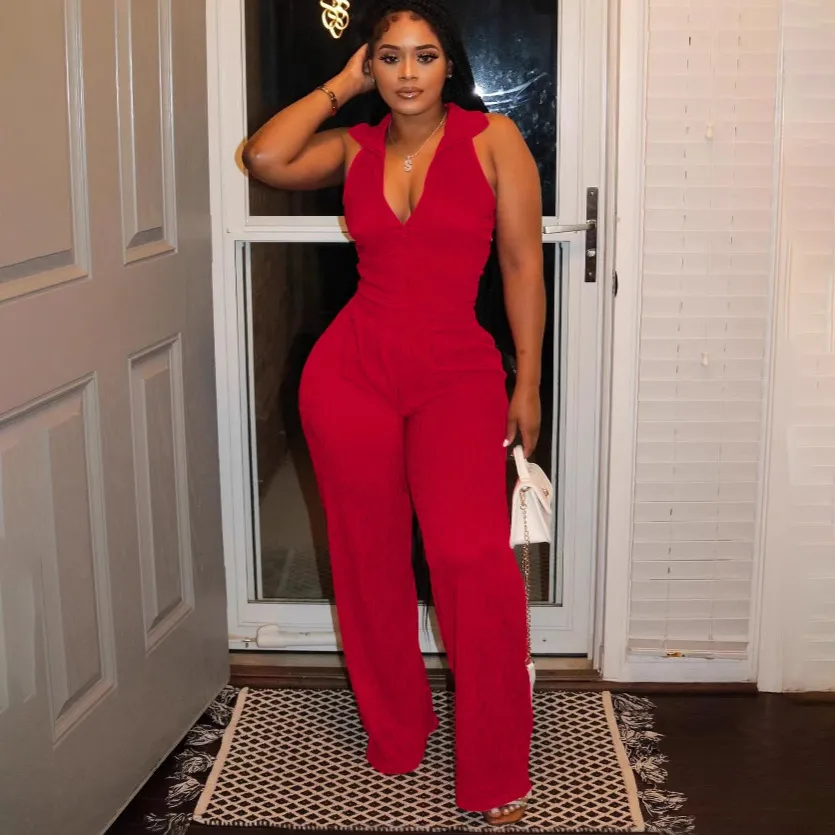 Women Casual Solid Color Lapel Sleeveless Top Pleated Pants Two-Piece Set