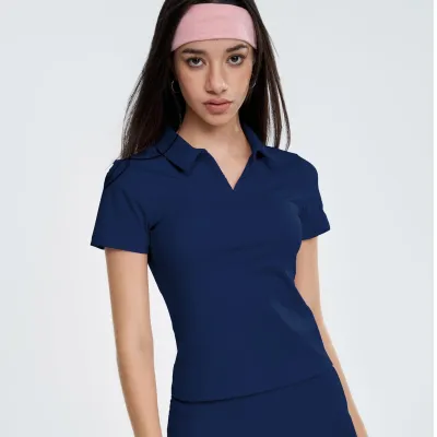 Women Casual Solid Color Double-Sided Nylon Lapel Short-Sleeve Quick-Drying Sports T-Shirt