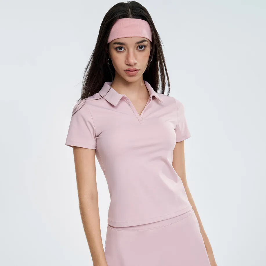 Women Casual Solid Color Double-Sided Nylon Lapel Short-Sleeve Quick-Drying Sports T-Shirt
