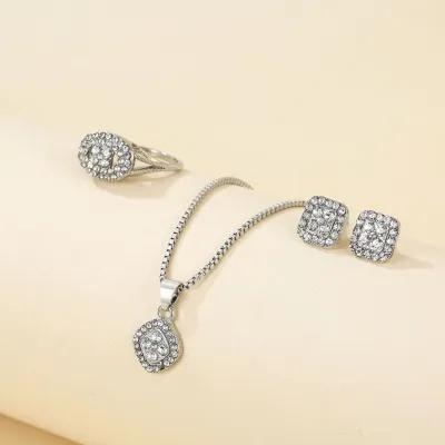 Women Fashion Geometric Alloy Necklace Ring Earrings 3 Piece Set
