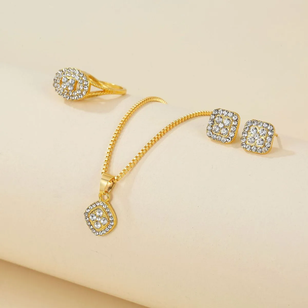 Women Fashion Geometric Alloy Necklace Ring Earrings 3 Piece Set