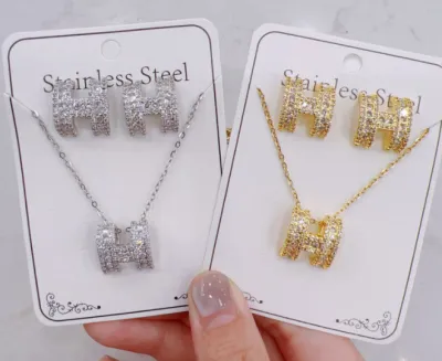 Women's Fashion Zircon Necklace Earrings Set in Titanium Steel with Gold and Silver