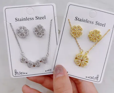 Women's Fashion Zircon Necklace Earrings Set in Titanium Steel with Gold and Silver