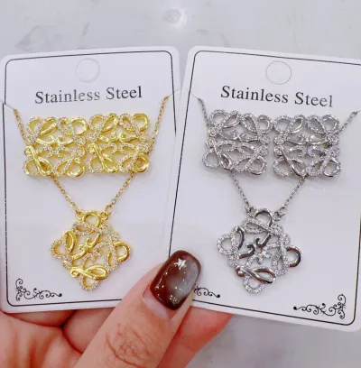 Women's Fashion Zircon Necklace Earrings Set in Titanium Steel with Gold and Silver