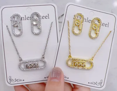 Women's Fashion Zircon Necklace Earrings Set in Titanium Steel with Gold and Silver
