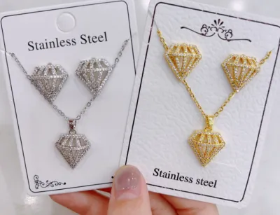 Women's Fashion Zircon Necklace Earrings Set in Titanium Steel with Gold and Silver