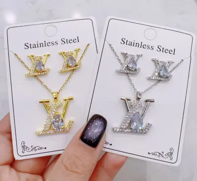 Women's Fashion Zircon Necklace Earrings Set in Titanium Steel with Gold and Silver