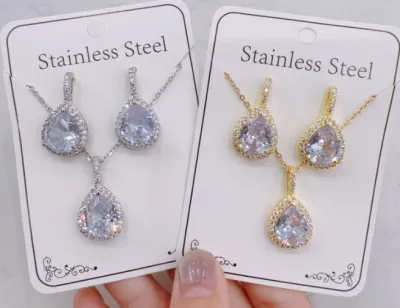 Women's Fashion Zircon Necklace Earrings Set in Titanium Steel with Gold and Silver