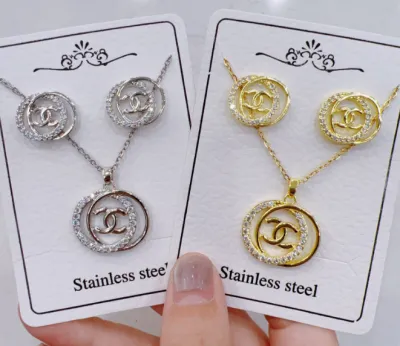Women's Fashion Zircon Necklace Earrings Set in Titanium Steel with Gold and Silver