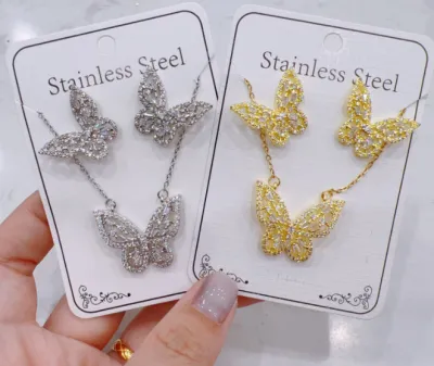 Women's Fashion Zircon Necklace Earrings Set in Titanium Steel with Gold and Silver