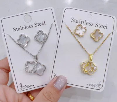 Women's Fashion Zircon Necklace Earrings Set in Titanium Steel with Gold and Silver