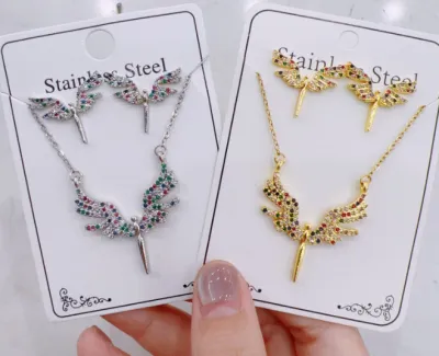 Women's Fashion Zircon Necklace Earrings Set in Titanium Steel with Gold and Silver