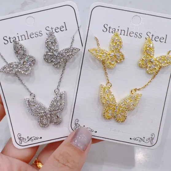 Women's Fashion Zircon Necklace Earrings Set in Titanium Steel with Gold and Silver