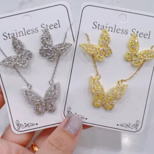 Women's Fashion Zircon Necklace Earrings Set in Titanium Steel with Gold and Silver
