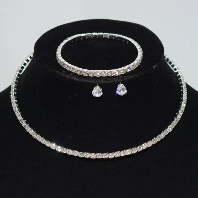 Women Fashion Simple Elegant Zircon Bracelet Earrings Necklace Three-Piece Set