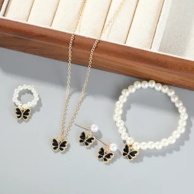 Women Elegant Bowknot Beads Necklace Bracelet Earring Set
