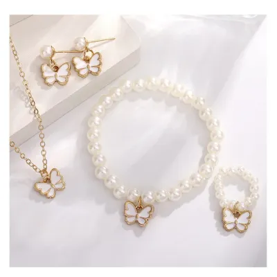 Women Elegant Bowknot Beads Necklace Bracelet Earring Set